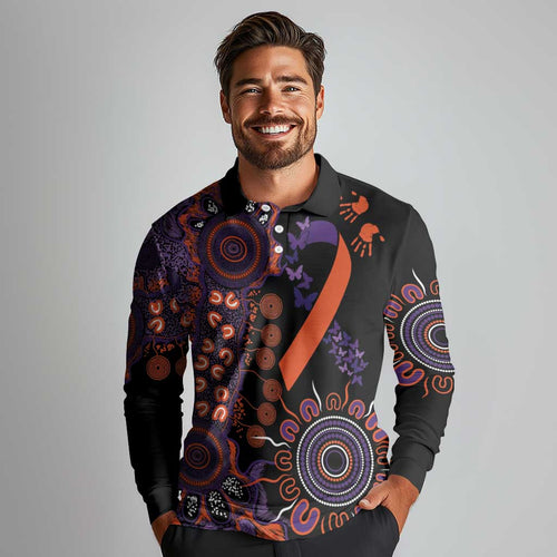 Psoriasis Awareness Personalised Long Sleeve Polo Shirt Aboriginal Ribbon Dot Painting