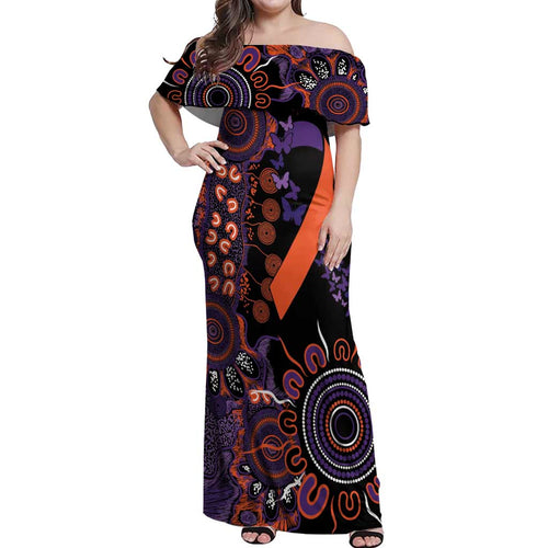 Psoriasis Awareness Personalised Off Shoulder Maxi Dress Aboriginal Ribbon Dot Painting