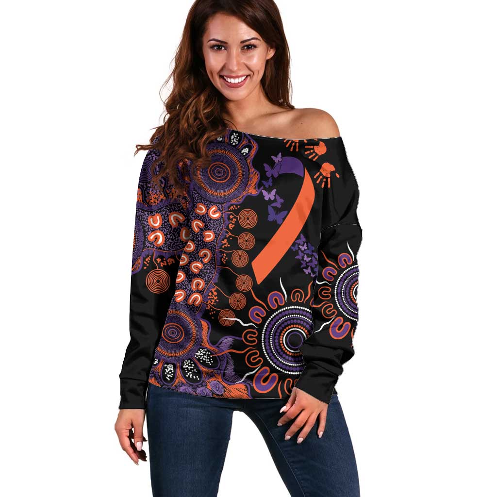 Psoriasis Awareness Personalised Off Shoulder Sweater Aboriginal Ribbon Dot Painting