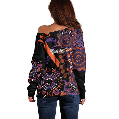 Psoriasis Awareness Personalised Off Shoulder Sweater Aboriginal Ribbon Dot Painting