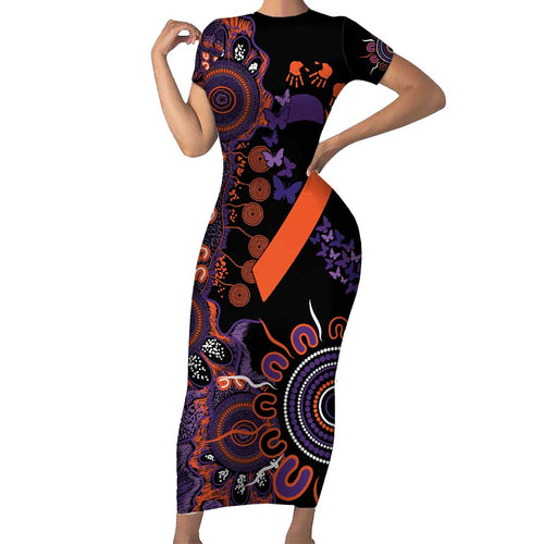 Psoriasis Awareness Personalised Short Sleeve Bodycon Dress Aboriginal Ribbon Dot Painting
