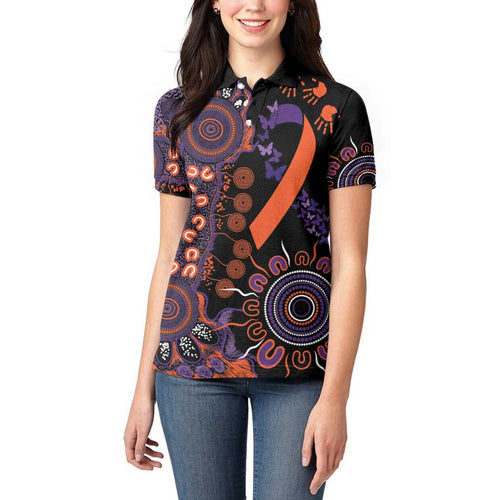 Psoriasis Awareness Personalised Women Polo Shirt Aboriginal Ribbon Dot Painting