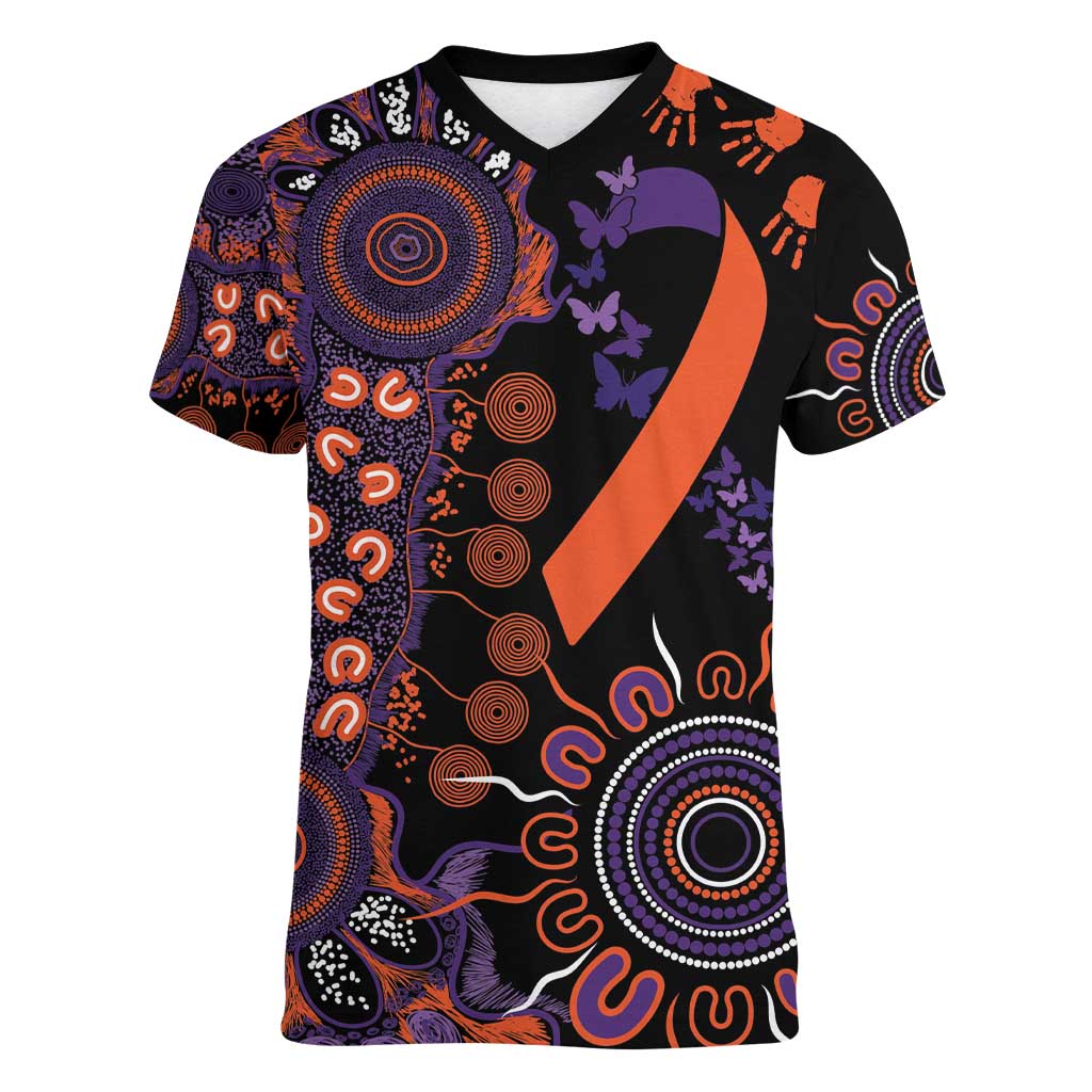 Psoriasis Awareness Personalised Women V-Neck T-Shirt Aboriginal Ribbon Dot Painting