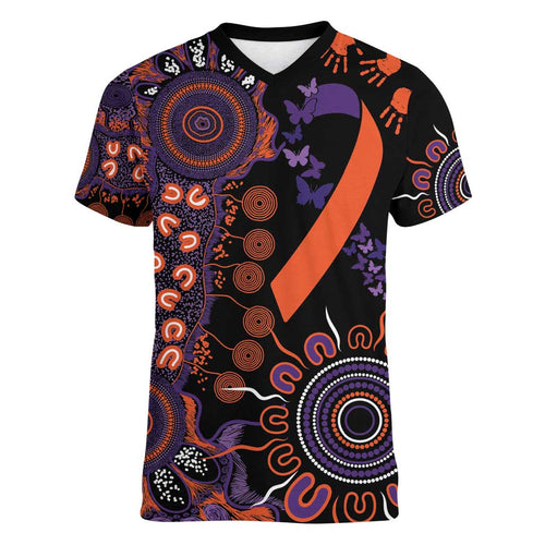 Psoriasis Awareness Personalised Women V-Neck T-Shirt Aboriginal Ribbon Dot Painting