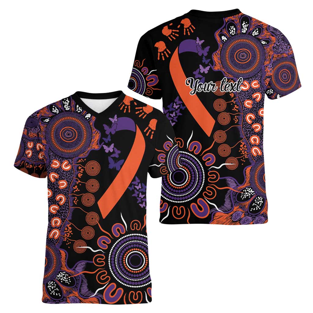 Psoriasis Awareness Personalised Women V-Neck T-Shirt Aboriginal Ribbon Dot Painting