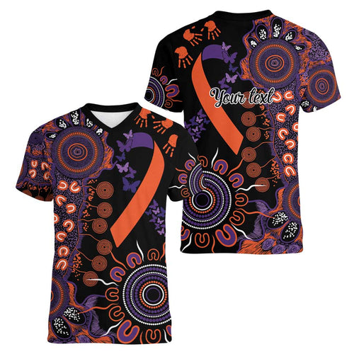 Psoriasis Awareness Personalised Women V-Neck T-Shirt Aboriginal Ribbon Dot Painting