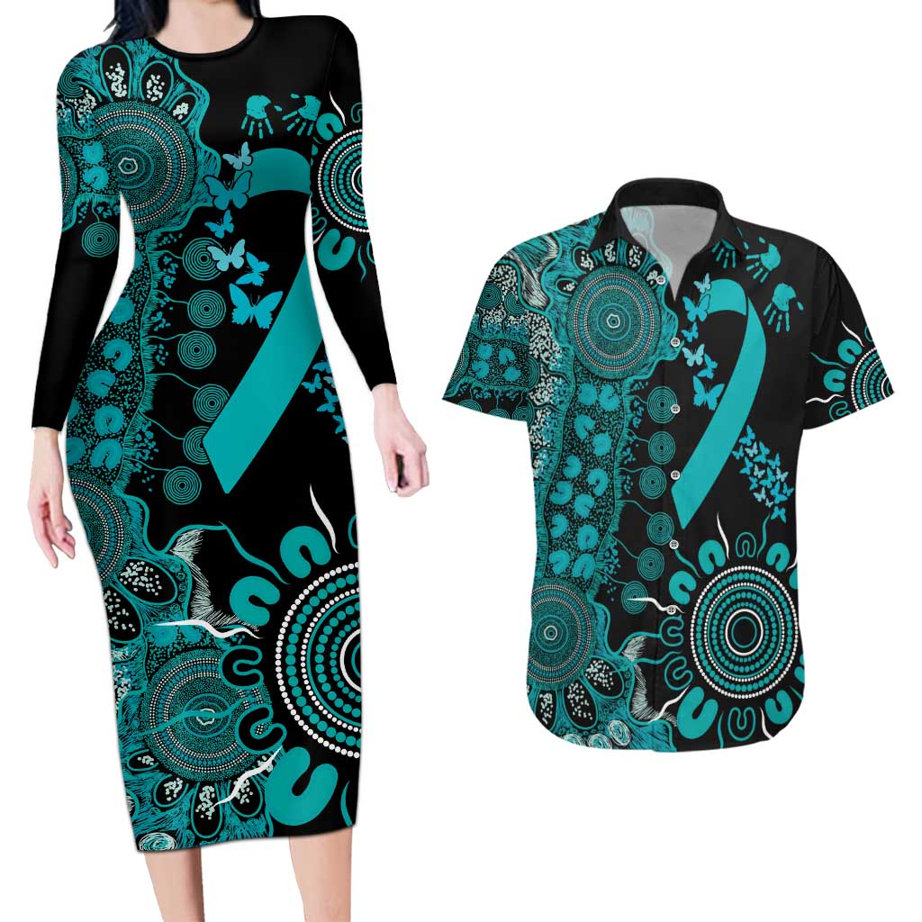PTSD Awareness Personalised Couples Matching Long Sleeve Bodycon Dress and Hawaiian Shirt Aboriginal Ribbon Dot Painting