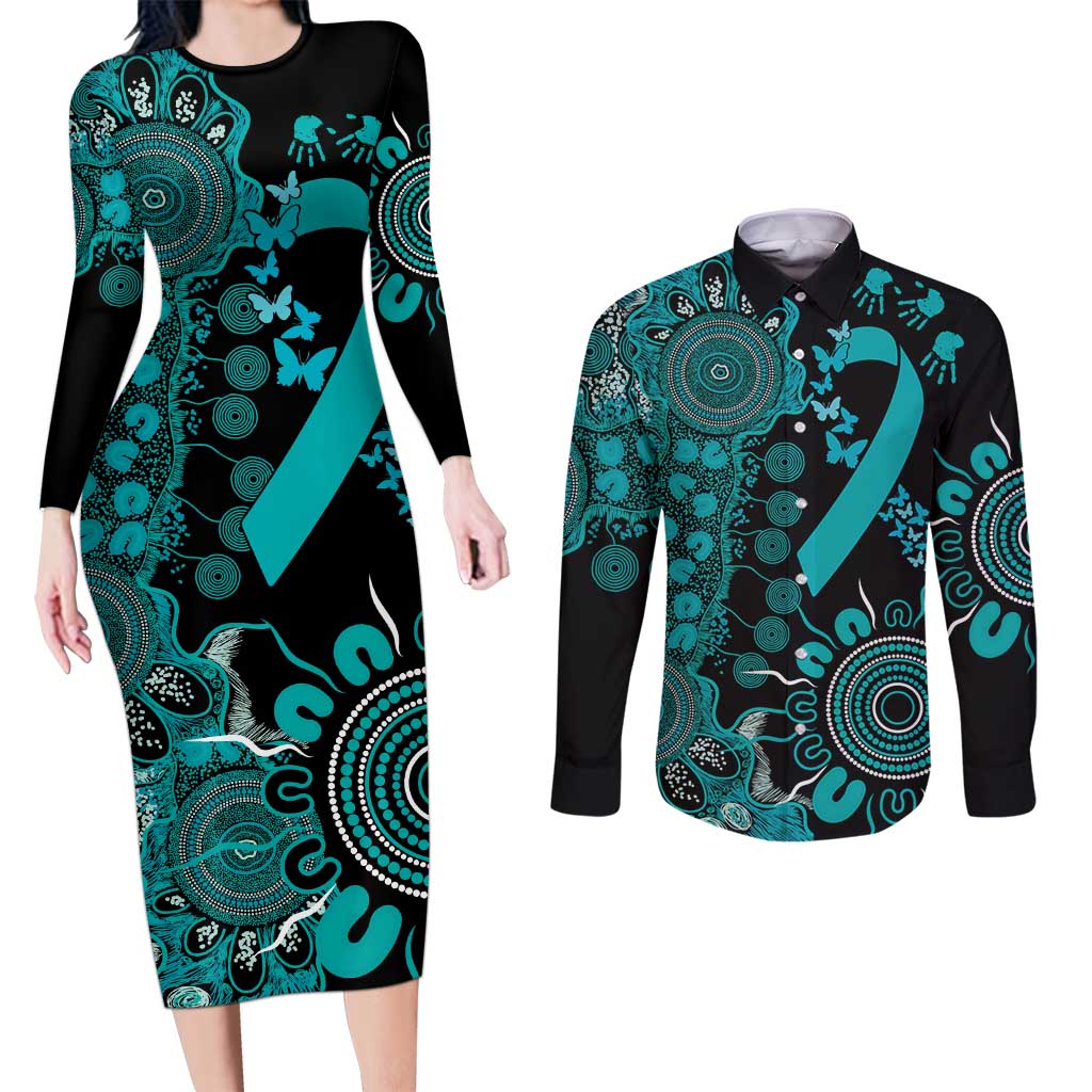 PTSD Awareness Personalised Couples Matching Long Sleeve Bodycon Dress and Long Sleeve Button Shirt Aboriginal Ribbon Dot Painting
