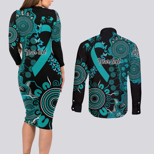 PTSD Awareness Personalised Couples Matching Long Sleeve Bodycon Dress and Long Sleeve Button Shirt Aboriginal Ribbon Dot Painting