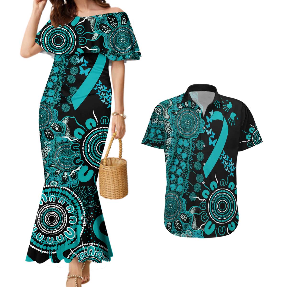 PTSD Awareness Personalised Couples Matching Mermaid Dress and Hawaiian Shirt Aboriginal Ribbon Dot Painting