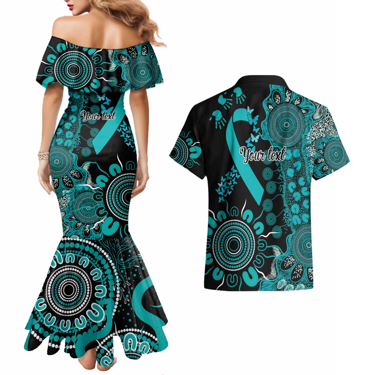 PTSD Awareness Personalised Couples Matching Mermaid Dress and Hawaiian Shirt Aboriginal Ribbon Dot Painting