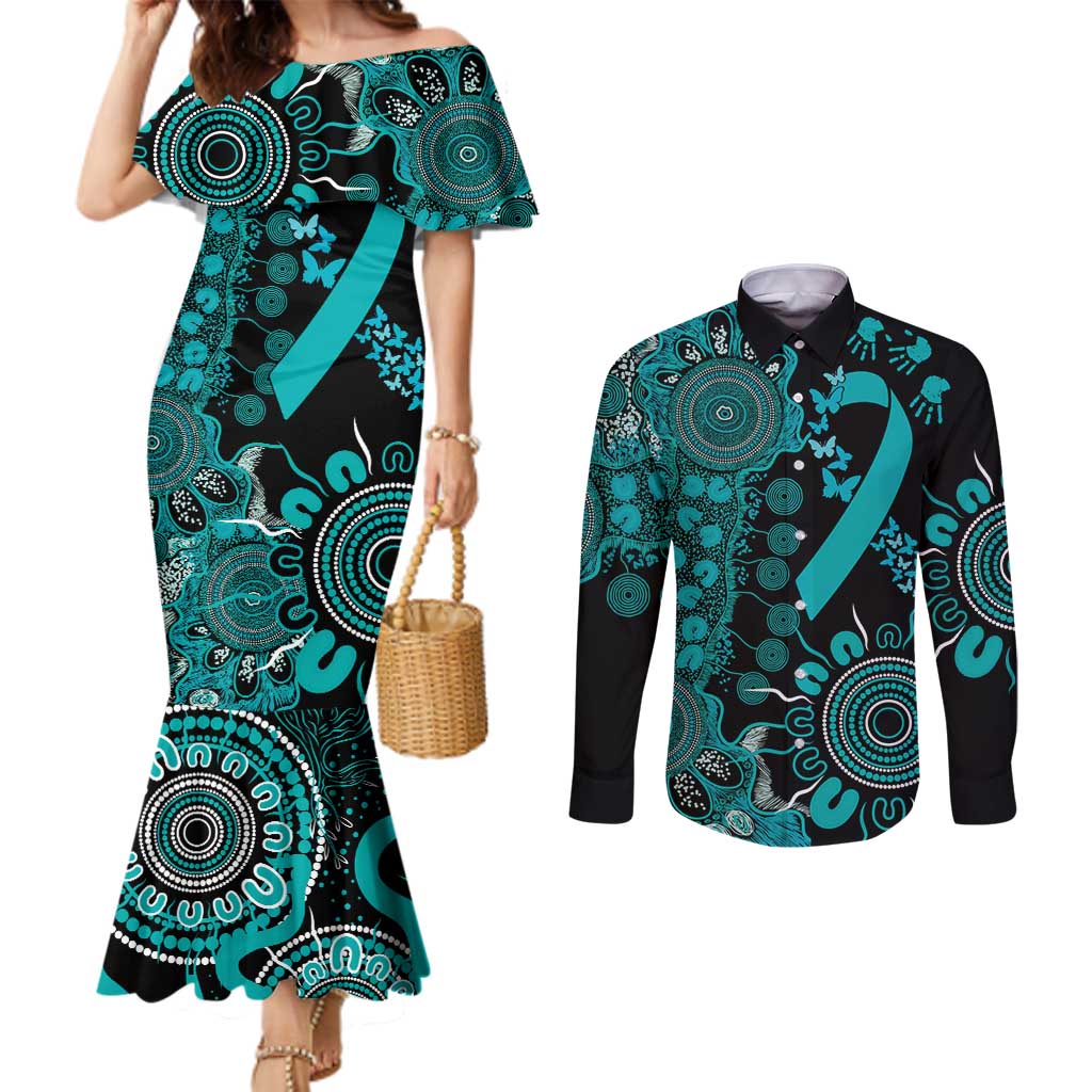 PTSD Awareness Personalised Couples Matching Mermaid Dress and Long Sleeve Button Shirt Aboriginal Ribbon Dot Painting