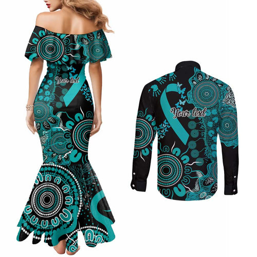 PTSD Awareness Personalised Couples Matching Mermaid Dress and Long Sleeve Button Shirt Aboriginal Ribbon Dot Painting