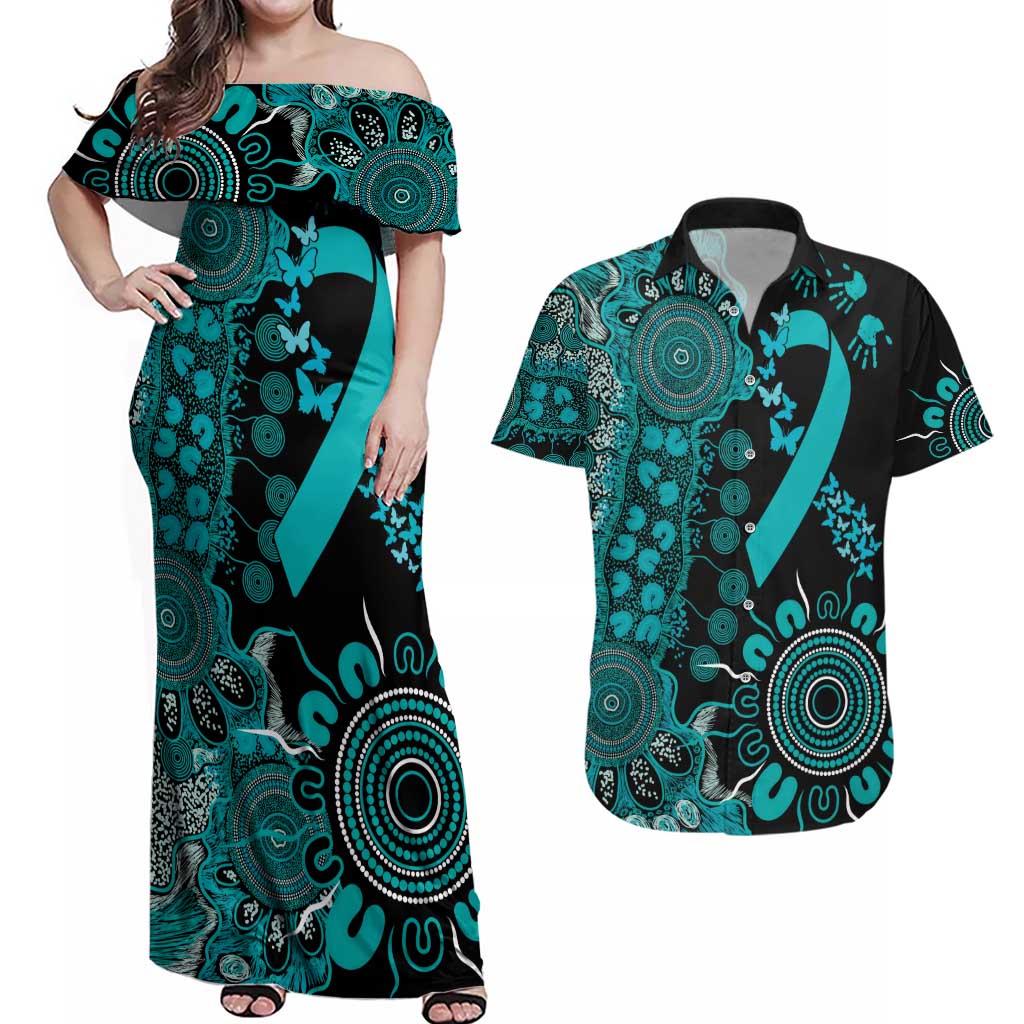 PTSD Awareness Personalised Couples Matching Off Shoulder Maxi Dress and Hawaiian Shirt Aboriginal Ribbon Dot Painting