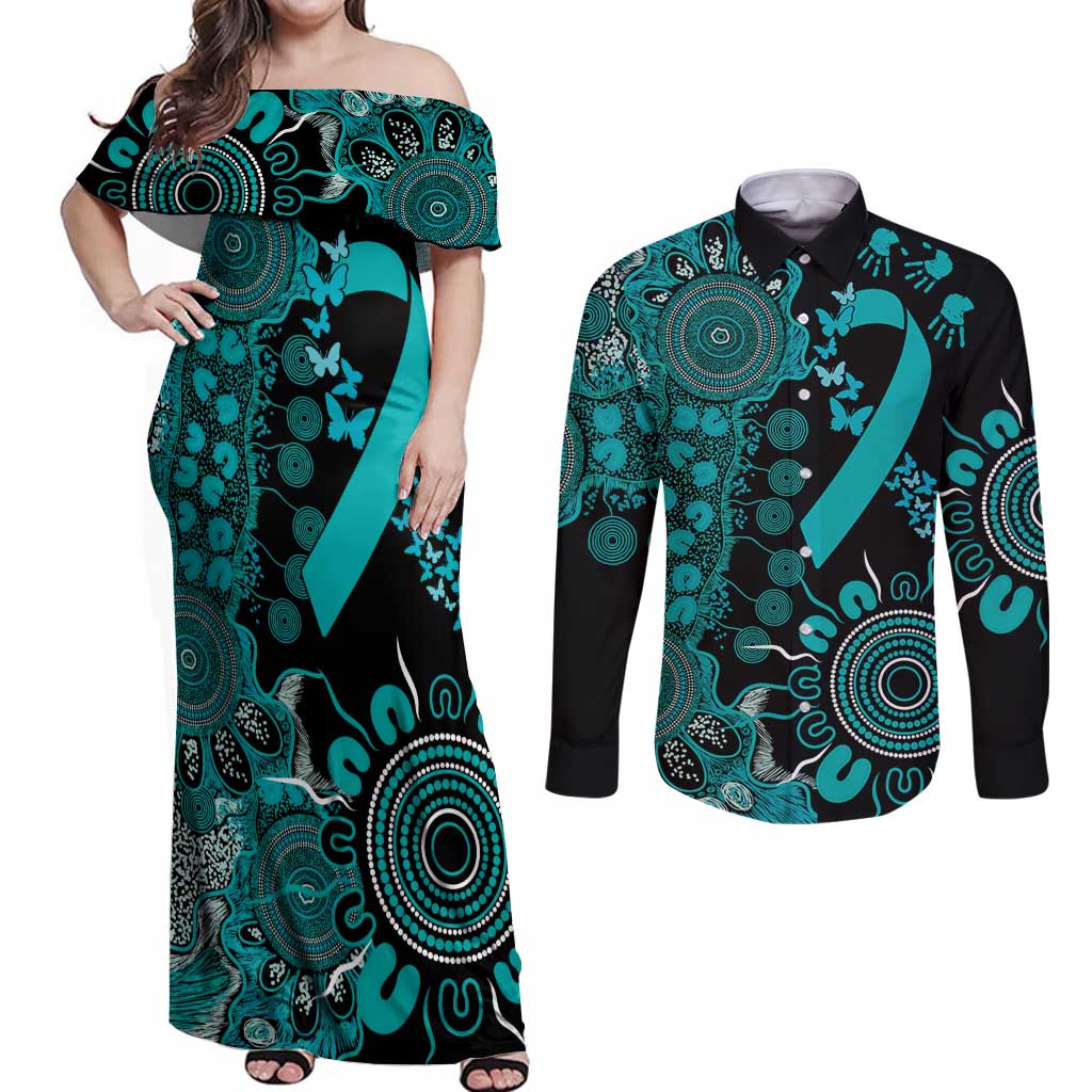 PTSD Awareness Personalised Couples Matching Off Shoulder Maxi Dress and Long Sleeve Button Shirt Aboriginal Ribbon Dot Painting