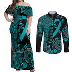 PTSD Awareness Personalised Couples Matching Off Shoulder Maxi Dress and Long Sleeve Button Shirt Aboriginal Ribbon Dot Painting