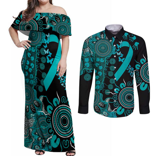 PTSD Awareness Personalised Couples Matching Off Shoulder Maxi Dress and Long Sleeve Button Shirt Aboriginal Ribbon Dot Painting