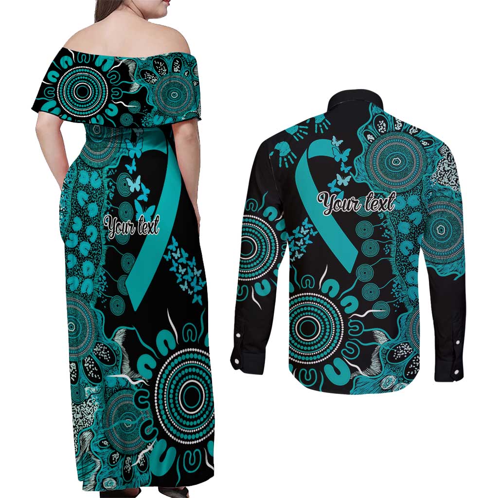 PTSD Awareness Personalised Couples Matching Off Shoulder Maxi Dress and Long Sleeve Button Shirt Aboriginal Ribbon Dot Painting