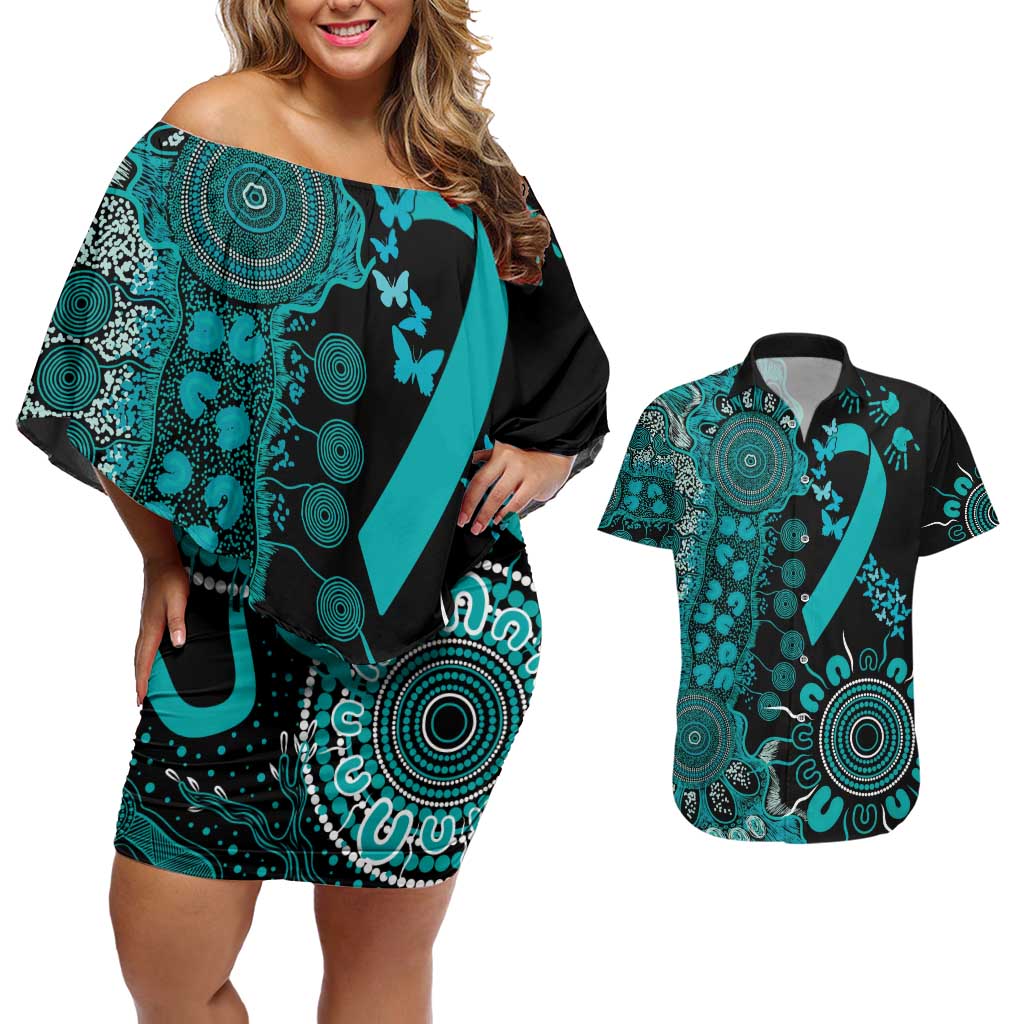 PTSD Awareness Personalised Couples Matching Off Shoulder Short Dress and Hawaiian Shirt Aboriginal Ribbon Dot Painting