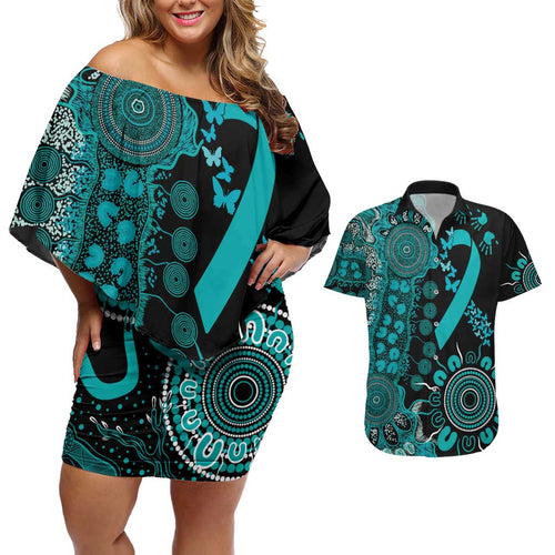 PTSD Awareness Personalised Couples Matching Off Shoulder Short Dress and Hawaiian Shirt Aboriginal Ribbon Dot Painting