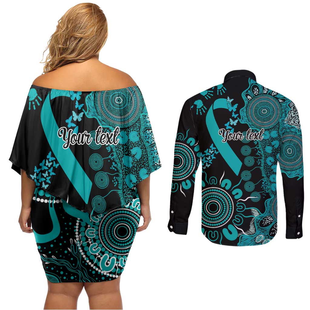 PTSD Awareness Personalised Couples Matching Off Shoulder Short Dress and Long Sleeve Button Shirt Aboriginal Ribbon Dot Painting