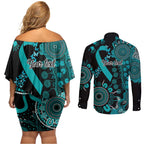 PTSD Awareness Personalised Couples Matching Off Shoulder Short Dress and Long Sleeve Button Shirt Aboriginal Ribbon Dot Painting