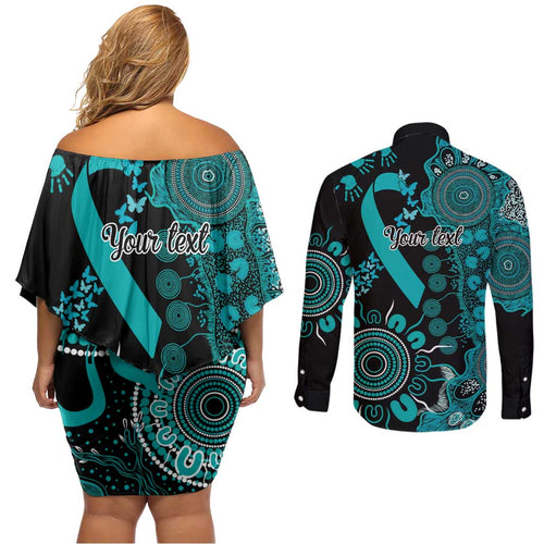 PTSD Awareness Personalised Couples Matching Off Shoulder Short Dress and Long Sleeve Button Shirt Aboriginal Ribbon Dot Painting