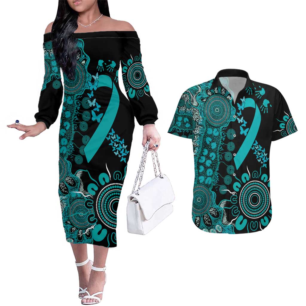 PTSD Awareness Personalised Couples Matching Off The Shoulder Long Sleeve Dress and Hawaiian Shirt Aboriginal Ribbon Dot Painting