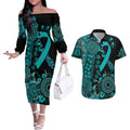 PTSD Awareness Personalised Couples Matching Off The Shoulder Long Sleeve Dress and Hawaiian Shirt Aboriginal Ribbon Dot Painting