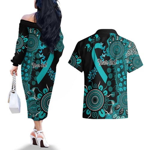 PTSD Awareness Personalised Couples Matching Off The Shoulder Long Sleeve Dress and Hawaiian Shirt Aboriginal Ribbon Dot Painting