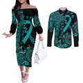 PTSD Awareness Personalised Couples Matching Off The Shoulder Long Sleeve Dress and Long Sleeve Button Shirt Aboriginal Ribbon Dot Painting
