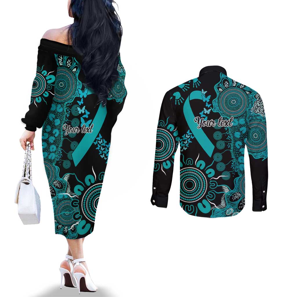 PTSD Awareness Personalised Couples Matching Off The Shoulder Long Sleeve Dress and Long Sleeve Button Shirt Aboriginal Ribbon Dot Painting