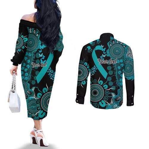 PTSD Awareness Personalised Couples Matching Off The Shoulder Long Sleeve Dress and Long Sleeve Button Shirt Aboriginal Ribbon Dot Painting