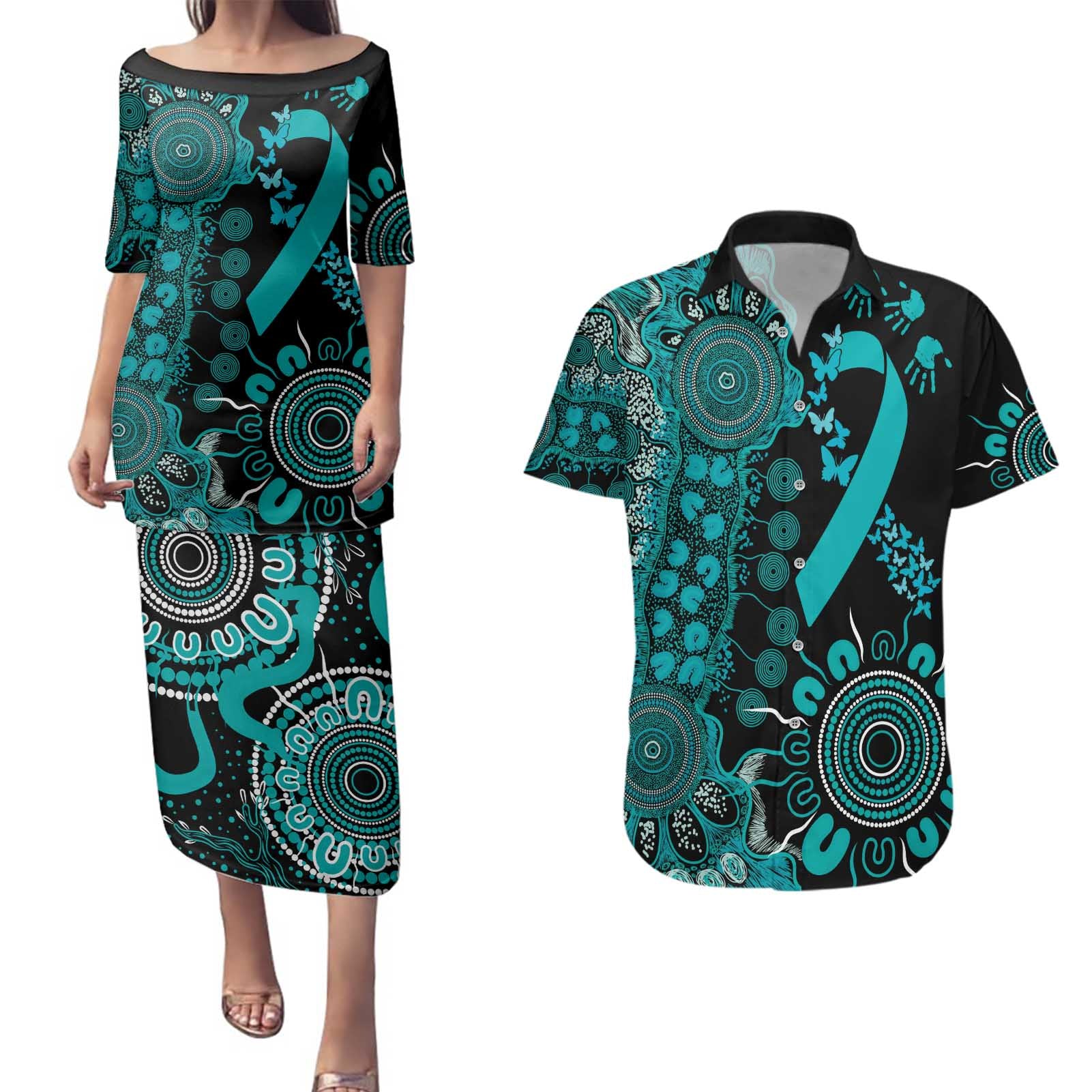 PTSD Awareness Personalised Couples Matching Puletasi and Hawaiian Shirt Aboriginal Ribbon Dot Painting