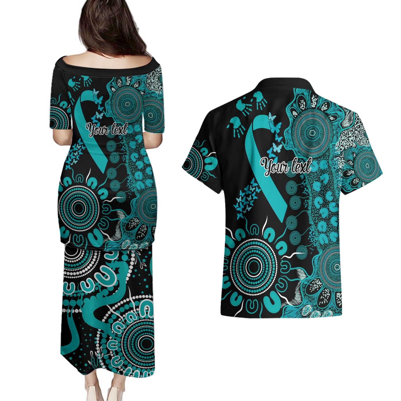 PTSD Awareness Personalised Couples Matching Puletasi and Hawaiian Shirt Aboriginal Ribbon Dot Painting