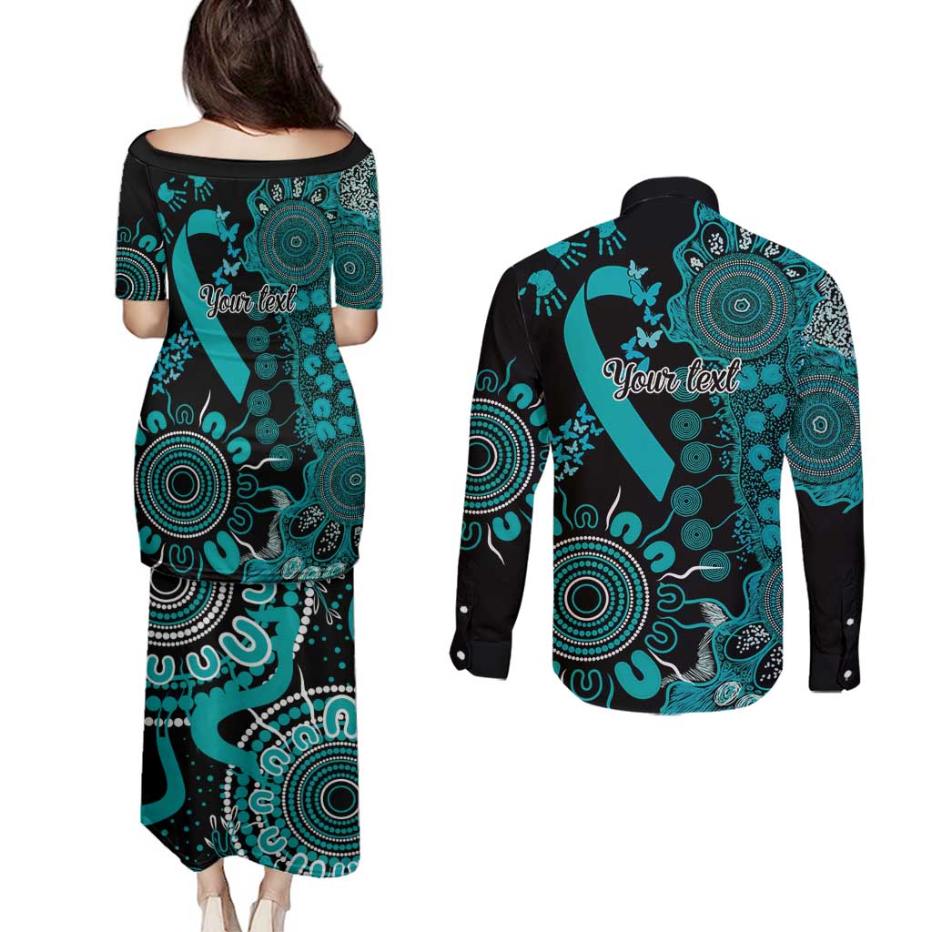 PTSD Awareness Personalised Couples Matching Puletasi and Long Sleeve Button Shirt Aboriginal Ribbon Dot Painting