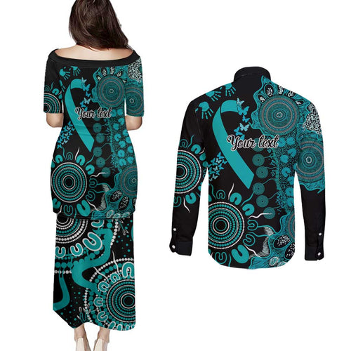 PTSD Awareness Personalised Couples Matching Puletasi and Long Sleeve Button Shirt Aboriginal Ribbon Dot Painting