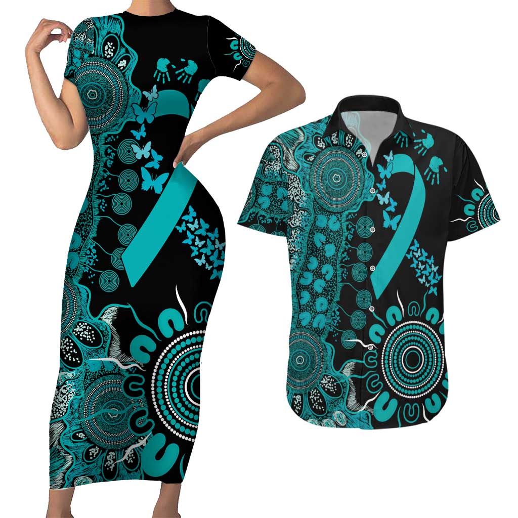 PTSD Awareness Personalised Couples Matching Short Sleeve Bodycon Dress and Hawaiian Shirt Aboriginal Ribbon Dot Painting
