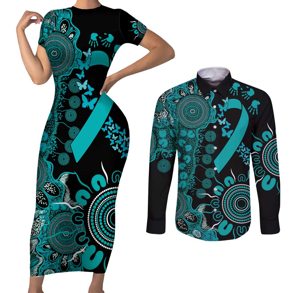 PTSD Awareness Personalised Couples Matching Short Sleeve Bodycon Dress and Long Sleeve Button Shirt Aboriginal Ribbon Dot Painting