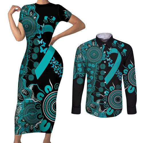 PTSD Awareness Personalised Couples Matching Short Sleeve Bodycon Dress and Long Sleeve Button Shirt Aboriginal Ribbon Dot Painting