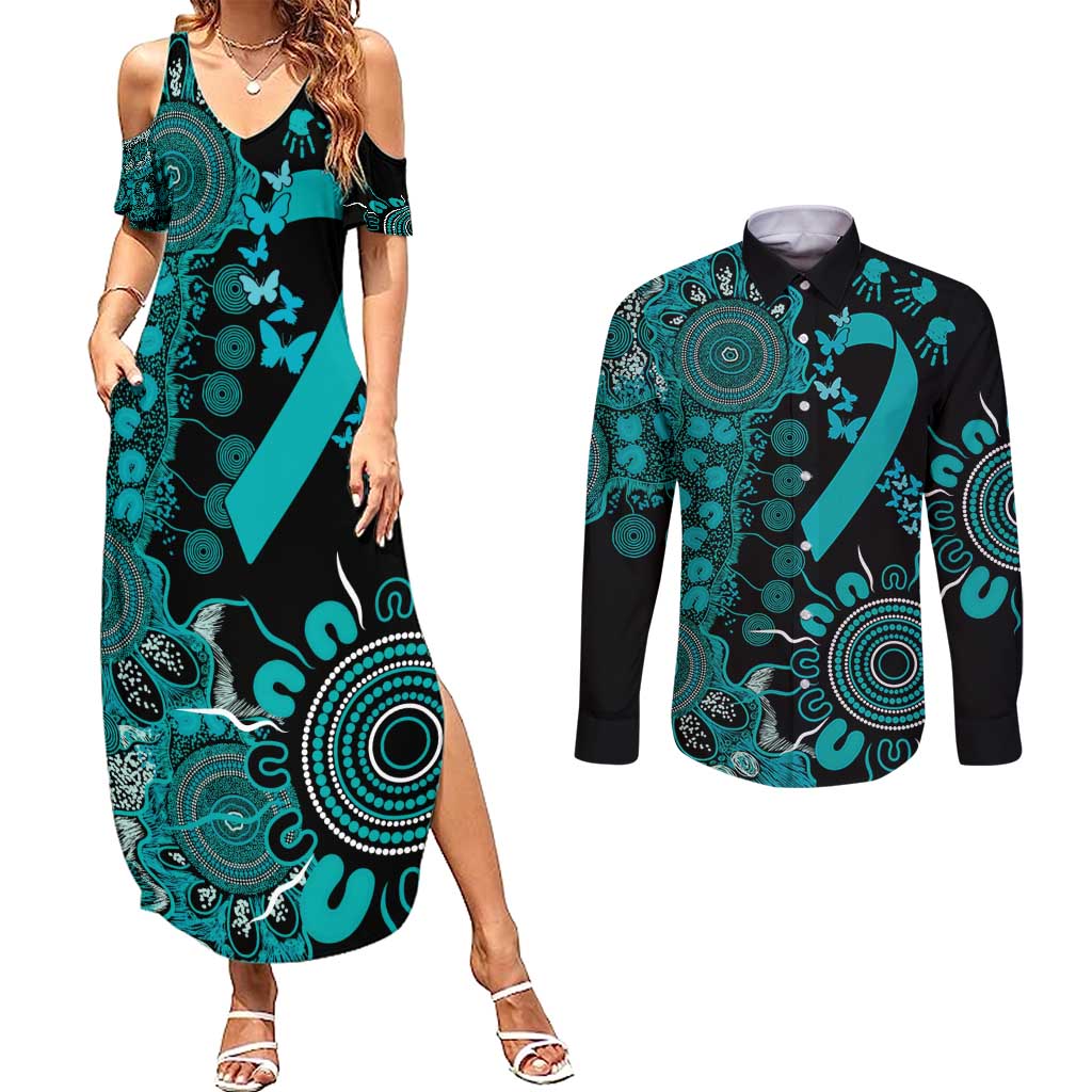 PTSD Awareness Personalised Couples Matching Summer Maxi Dress and Long Sleeve Button Shirt Aboriginal Ribbon Dot Painting