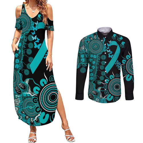 PTSD Awareness Personalised Couples Matching Summer Maxi Dress and Long Sleeve Button Shirt Aboriginal Ribbon Dot Painting