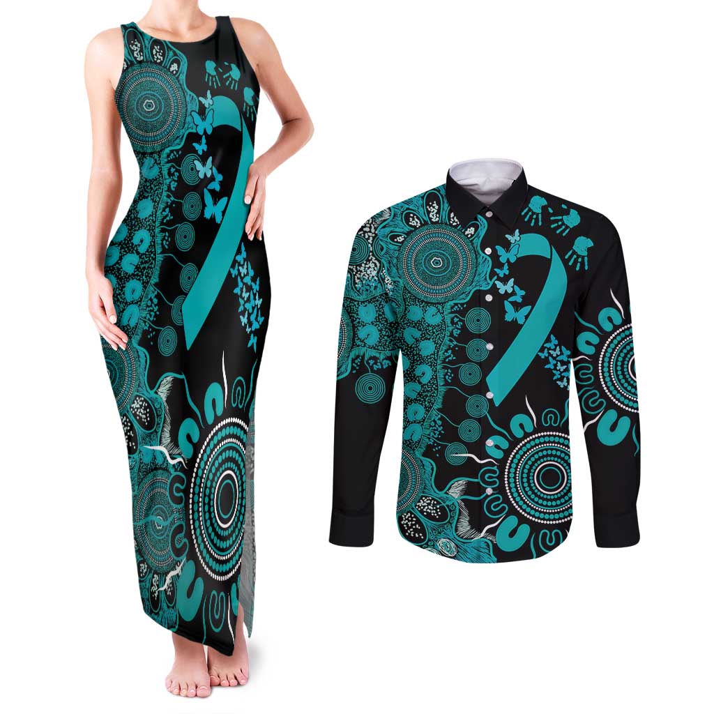 PTSD Awareness Personalised Couples Matching Tank Maxi Dress and Long Sleeve Button Shirt Aboriginal Ribbon Dot Painting