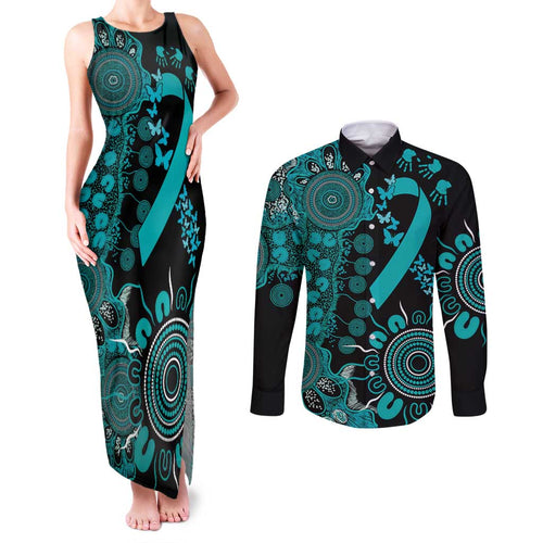 PTSD Awareness Personalised Couples Matching Tank Maxi Dress and Long Sleeve Button Shirt Aboriginal Ribbon Dot Painting