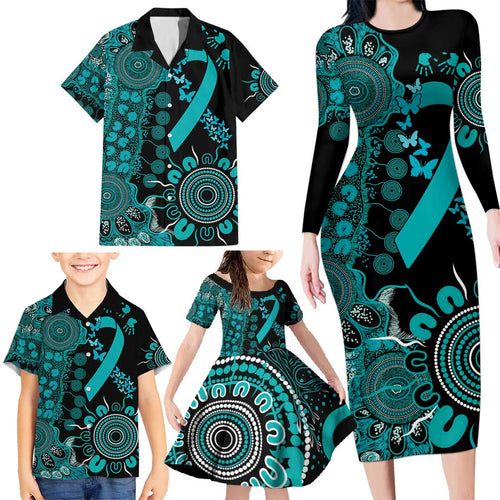 PTSD Awareness Personalised Family Matching Long Sleeve Bodycon Dress and Hawaiian Shirt Aboriginal Ribbon Dot Painting