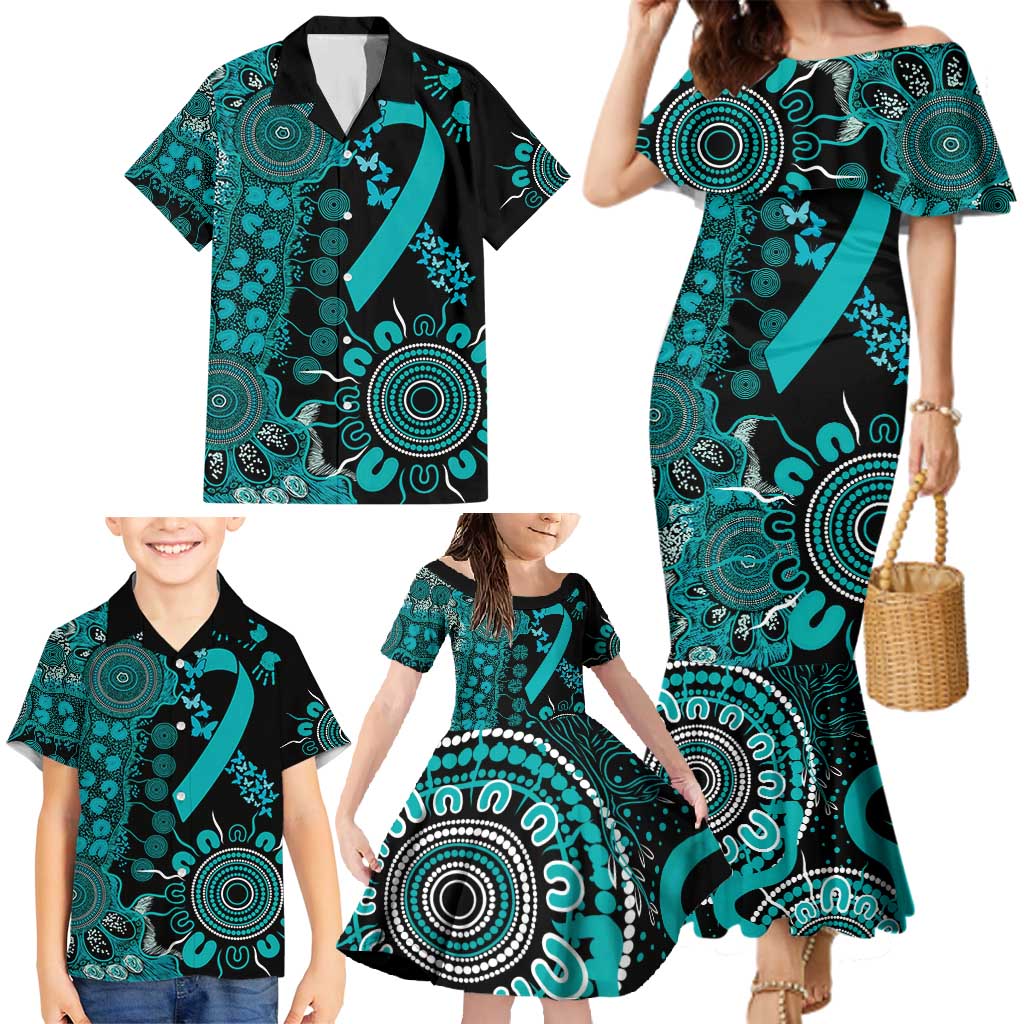 PTSD Awareness Personalised Family Matching Mermaid Dress and Hawaiian Shirt Aboriginal Ribbon Dot Painting