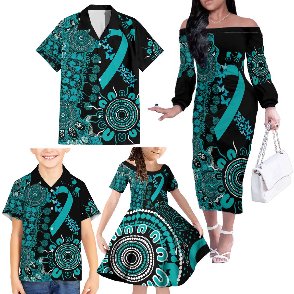 PTSD Awareness Personalised Family Matching Off The Shoulder Long Sleeve Dress and Hawaiian Shirt Aboriginal Ribbon Dot Painting