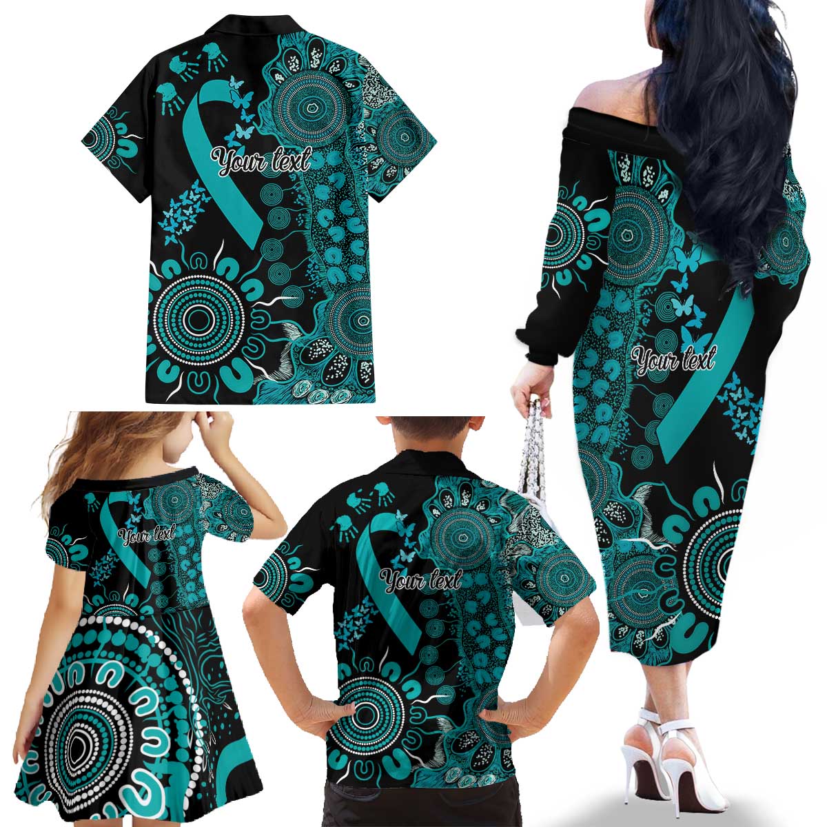 PTSD Awareness Personalised Family Matching Off The Shoulder Long Sleeve Dress and Hawaiian Shirt Aboriginal Ribbon Dot Painting