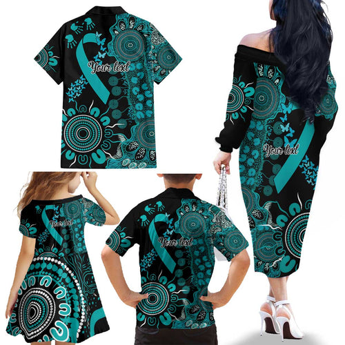PTSD Awareness Personalised Family Matching Off The Shoulder Long Sleeve Dress and Hawaiian Shirt Aboriginal Ribbon Dot Painting