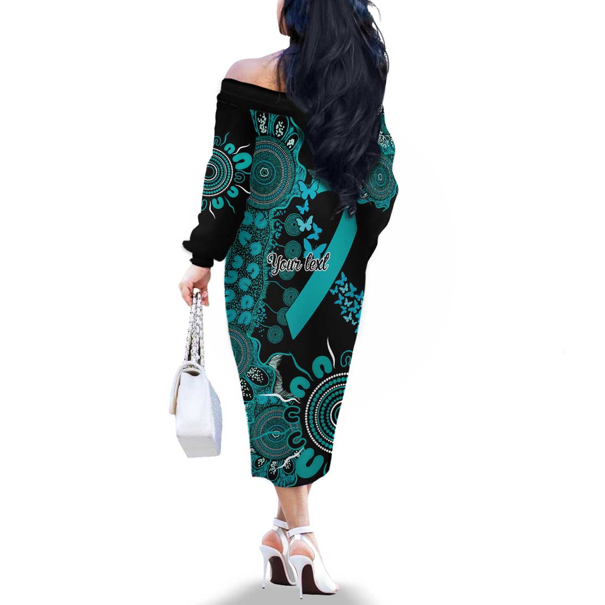 PTSD Awareness Personalised Family Matching Off The Shoulder Long Sleeve Dress and Hawaiian Shirt Aboriginal Ribbon Dot Painting